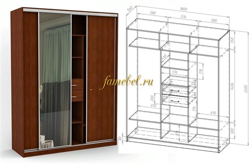 Трёхдверный шкаф купе Каскад 3 с 2 ящиками.